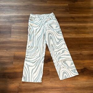 White and Light Blue/ Green Marble-Print Wide Leg Pants